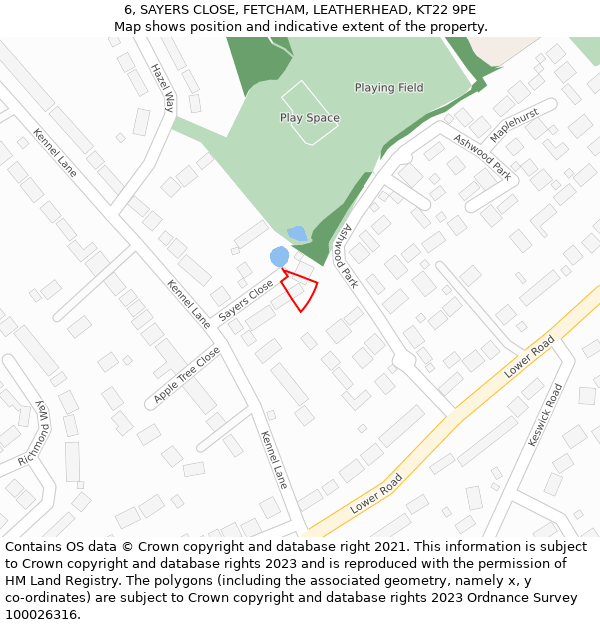 6, SAYERS CLOSE, FETCHAM, LEATHERHEAD, KT22 9PE: Location map and indicative extent of plot