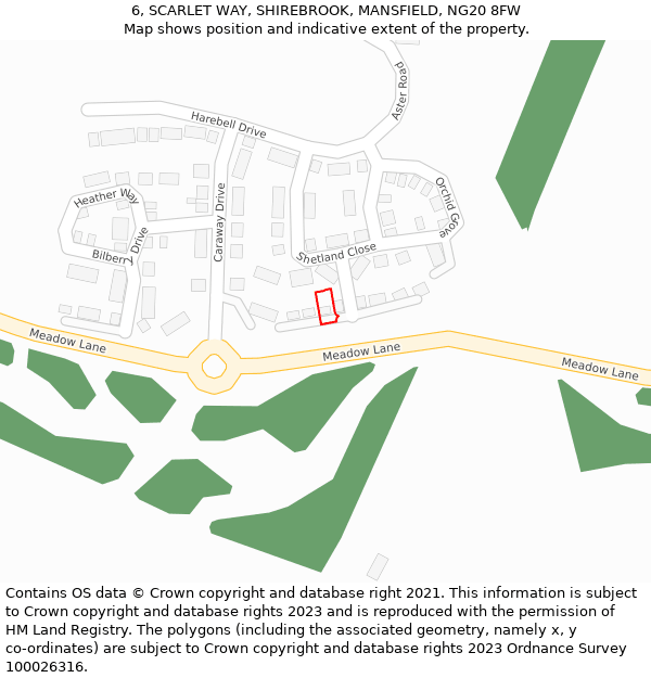 6, SCARLET WAY, SHIREBROOK, MANSFIELD, NG20 8FW: Location map and indicative extent of plot