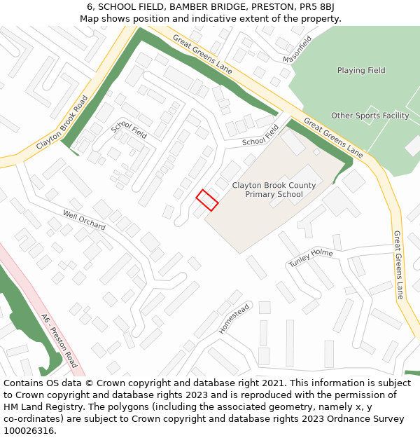 6, SCHOOL FIELD, BAMBER BRIDGE, PRESTON, PR5 8BJ: Location map and indicative extent of plot