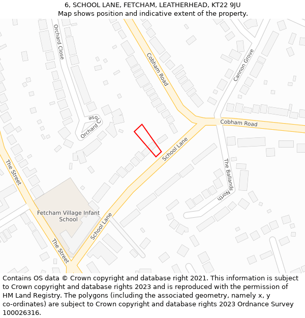 6, SCHOOL LANE, FETCHAM, LEATHERHEAD, KT22 9JU: Location map and indicative extent of plot