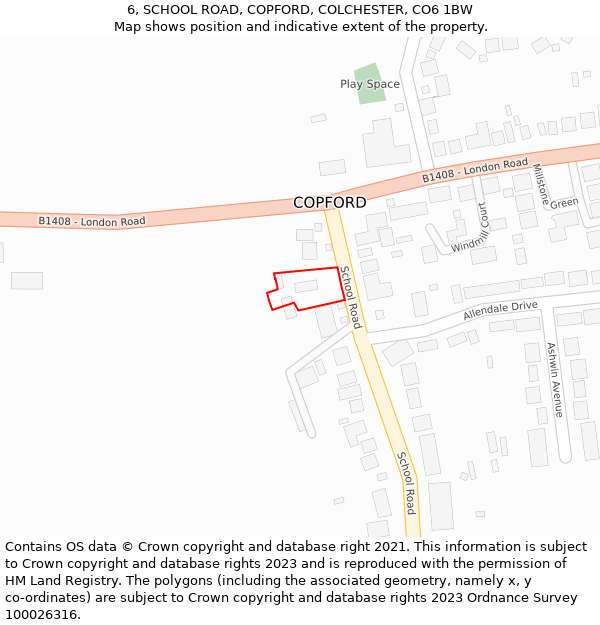 6, SCHOOL ROAD, COPFORD, COLCHESTER, CO6 1BW: Location map and indicative extent of plot