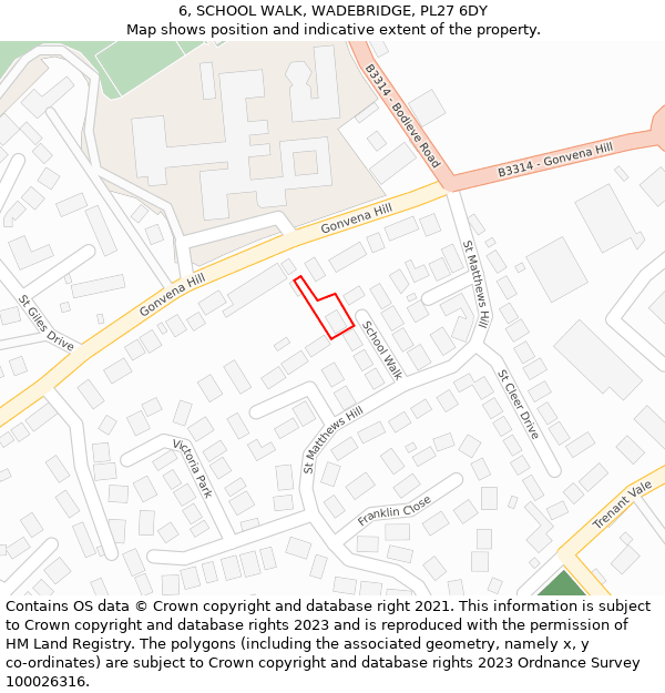 6, SCHOOL WALK, WADEBRIDGE, PL27 6DY: Location map and indicative extent of plot