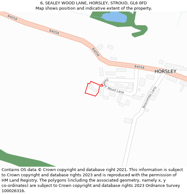 6, SEALEY WOOD LANE, HORSLEY, STROUD, GL6 0FD: Location map and indicative extent of plot