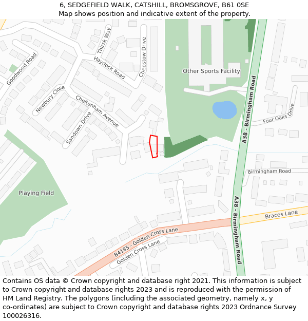 6, SEDGEFIELD WALK, CATSHILL, BROMSGROVE, B61 0SE: Location map and indicative extent of plot