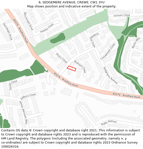 6, SEDGEMERE AVENUE, CREWE, CW1 3YU: Location map and indicative extent of plot