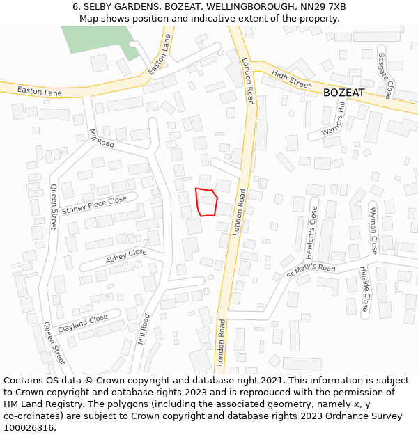 6, SELBY GARDENS, BOZEAT, WELLINGBOROUGH, NN29 7XB: Location map and indicative extent of plot