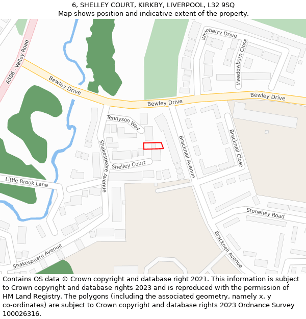 6, SHELLEY COURT, KIRKBY, LIVERPOOL, L32 9SQ: Location map and indicative extent of plot