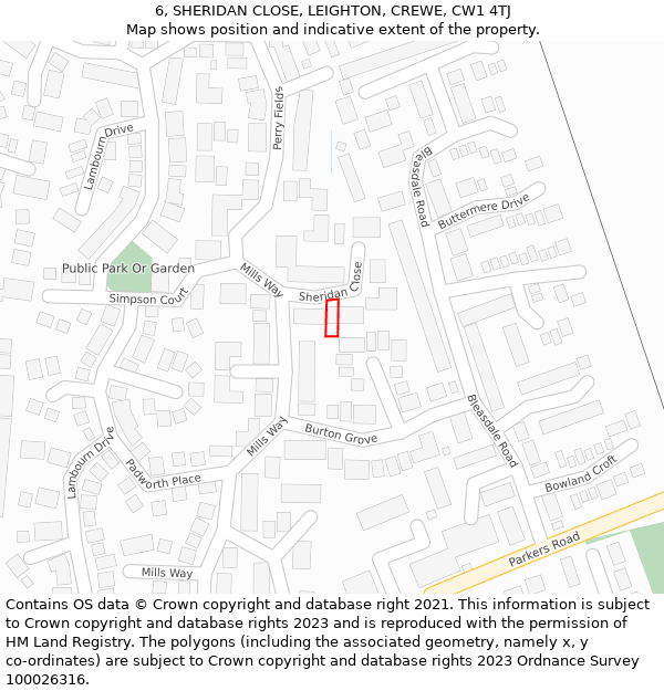 6, SHERIDAN CLOSE, LEIGHTON, CREWE, CW1 4TJ: Location map and indicative extent of plot