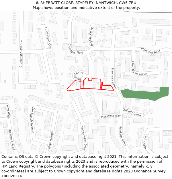 6, SHERRATT CLOSE, STAPELEY, NANTWICH, CW5 7RU: Location map and indicative extent of plot