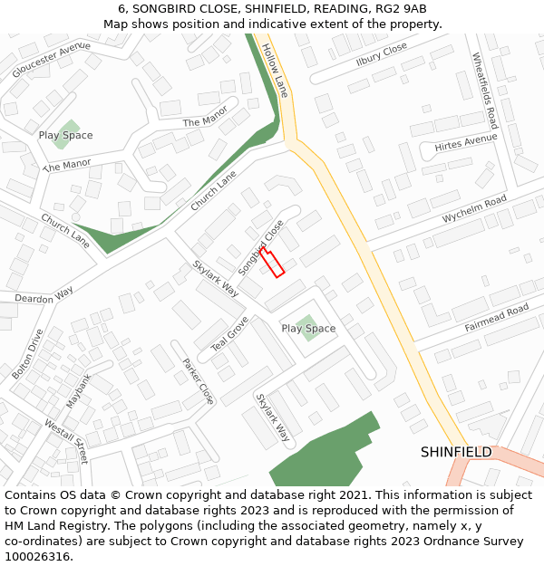 6, SONGBIRD CLOSE, SHINFIELD, READING, RG2 9AB: Location map and indicative extent of plot