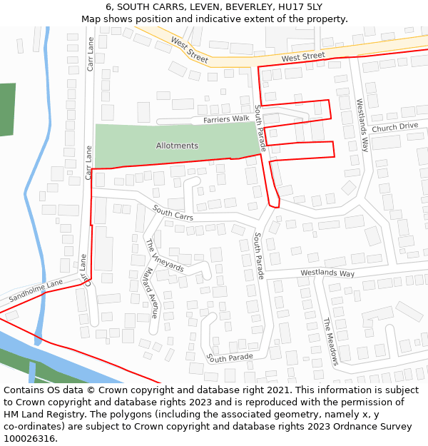 6, SOUTH CARRS, LEVEN, BEVERLEY, HU17 5LY: Location map and indicative extent of plot