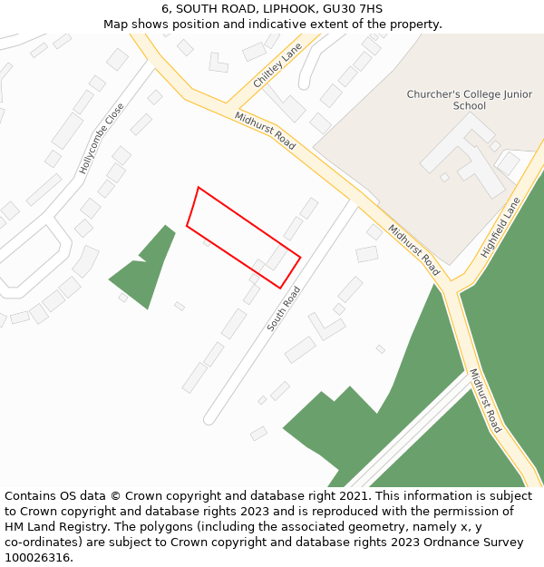 6, SOUTH ROAD, LIPHOOK, GU30 7HS: Location map and indicative extent of plot