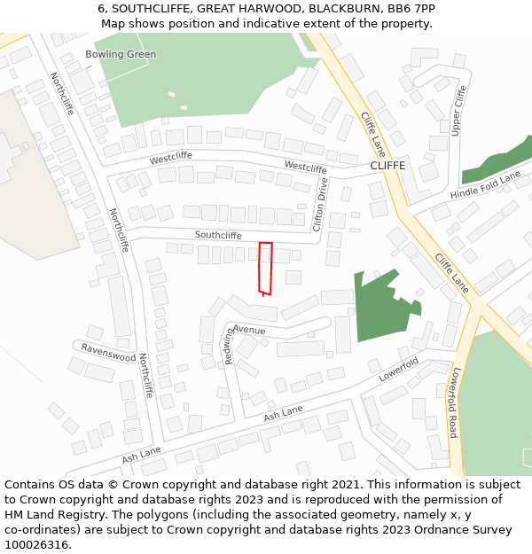 6, SOUTHCLIFFE, GREAT HARWOOD, BLACKBURN, BB6 7PP: Location map and indicative extent of plot