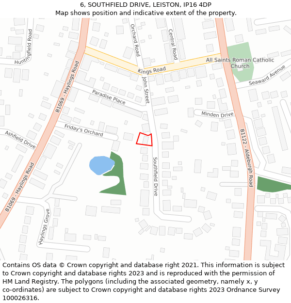 6, SOUTHFIELD DRIVE, LEISTON, IP16 4DP: Location map and indicative extent of plot