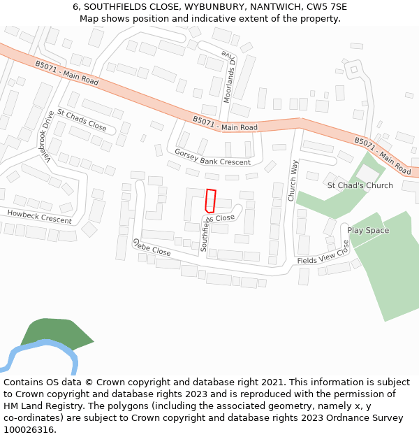 6, SOUTHFIELDS CLOSE, WYBUNBURY, NANTWICH, CW5 7SE: Location map and indicative extent of plot