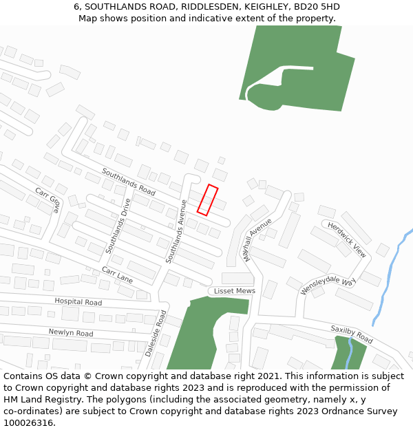 6, SOUTHLANDS ROAD, RIDDLESDEN, KEIGHLEY, BD20 5HD: Location map and indicative extent of plot