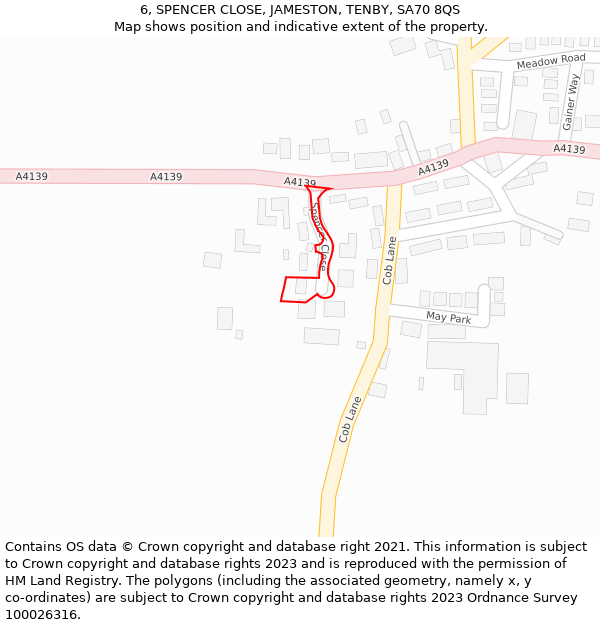 6, SPENCER CLOSE, JAMESTON, TENBY, SA70 8QS: Location map and indicative extent of plot