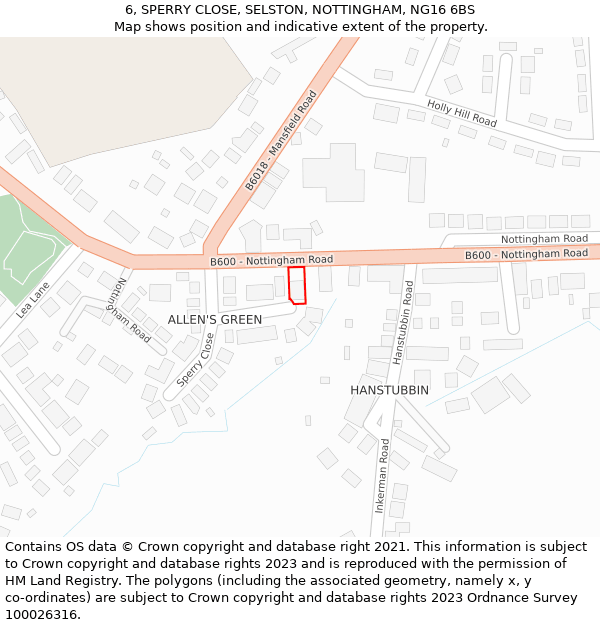 6, SPERRY CLOSE, SELSTON, NOTTINGHAM, NG16 6BS: Location map and indicative extent of plot