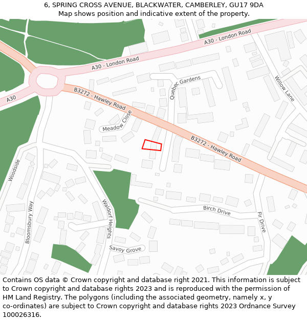 6, SPRING CROSS AVENUE, BLACKWATER, CAMBERLEY, GU17 9DA: Location map and indicative extent of plot
