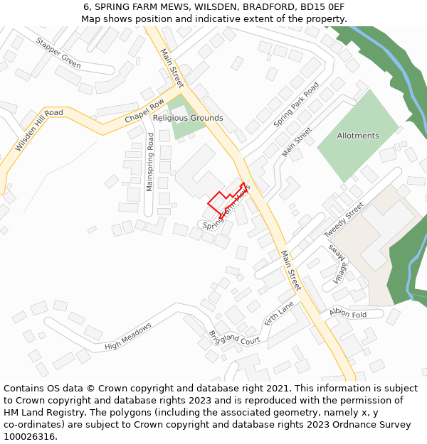 6, SPRING FARM MEWS, WILSDEN, BRADFORD, BD15 0EF: Location map and indicative extent of plot