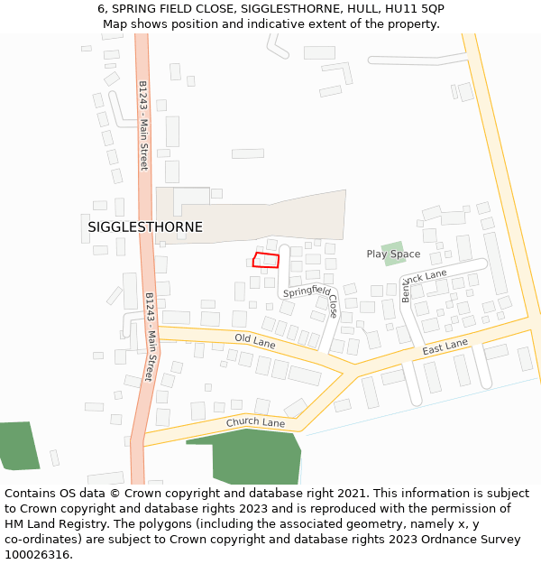 6, SPRING FIELD CLOSE, SIGGLESTHORNE, HULL, HU11 5QP: Location map and indicative extent of plot