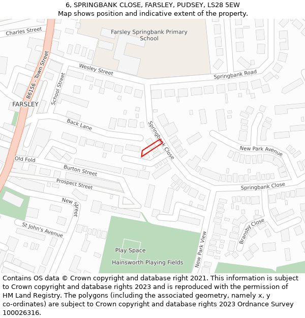 6, SPRINGBANK CLOSE, FARSLEY, PUDSEY, LS28 5EW: Location map and indicative extent of plot