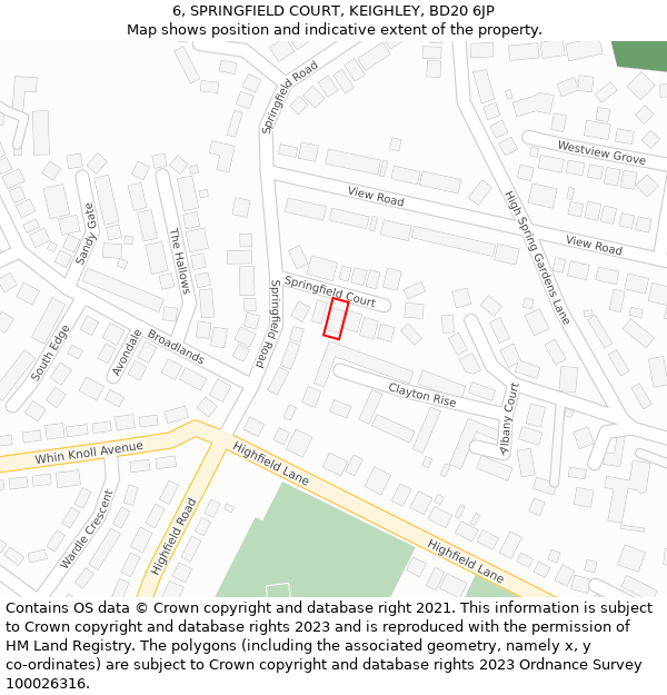 6, SPRINGFIELD COURT, KEIGHLEY, BD20 6JP: Location map and indicative extent of plot