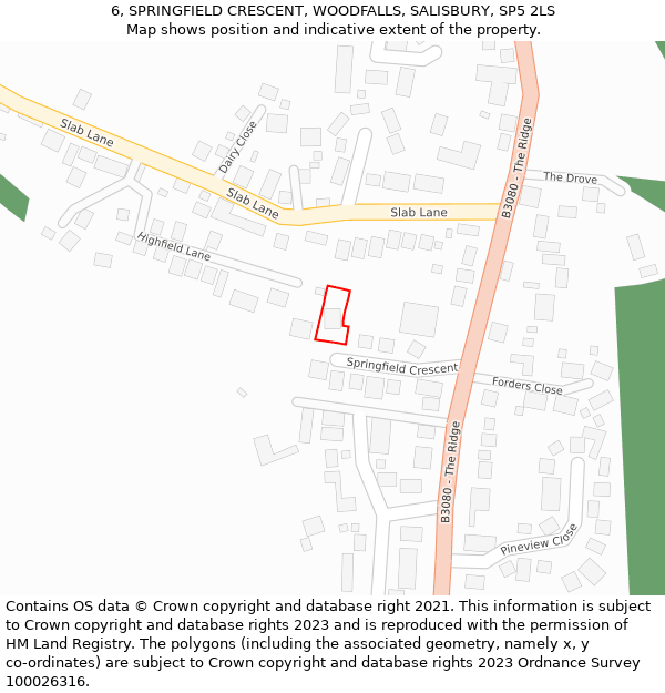 6, SPRINGFIELD CRESCENT, WOODFALLS, SALISBURY, SP5 2LS: Location map and indicative extent of plot