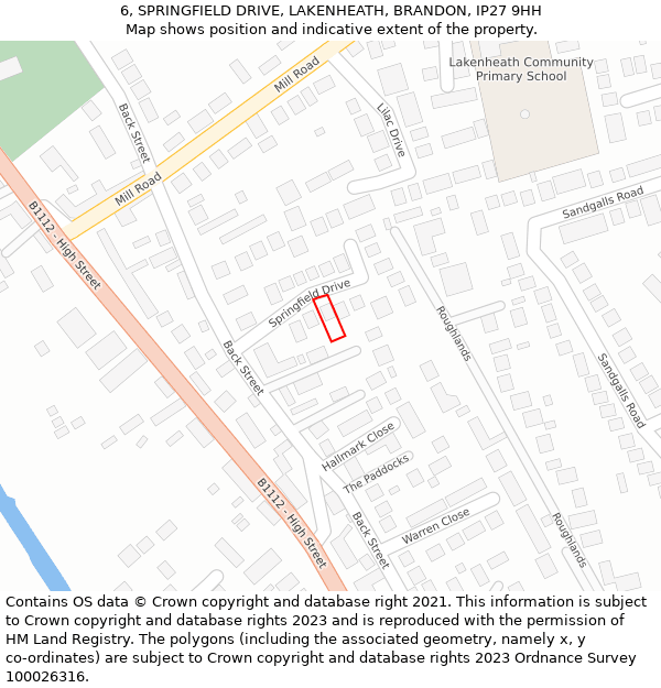 6, SPRINGFIELD DRIVE, LAKENHEATH, BRANDON, IP27 9HH: Location map and indicative extent of plot
