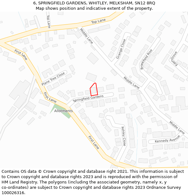 6, SPRINGFIELD GARDENS, WHITLEY, MELKSHAM, SN12 8RQ: Location map and indicative extent of plot