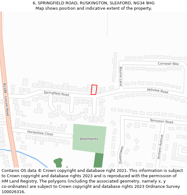 6, SPRINGFIELD ROAD, RUSKINGTON, SLEAFORD, NG34 9HG: Location map and indicative extent of plot