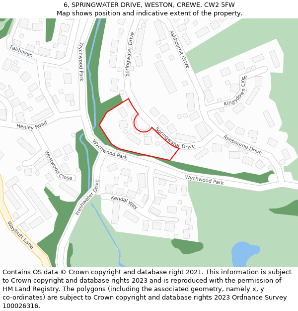 6, SPRINGWATER DRIVE, WESTON, CREWE, CW2 5FW: Location map and indicative extent of plot