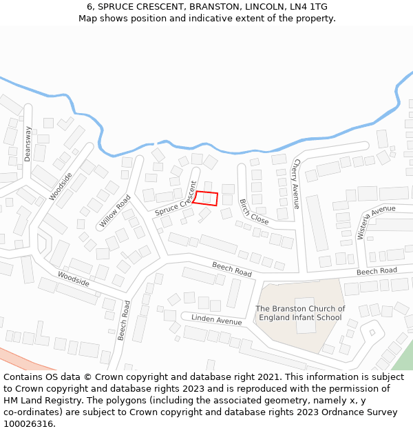 6, SPRUCE CRESCENT, BRANSTON, LINCOLN, LN4 1TG: Location map and indicative extent of plot