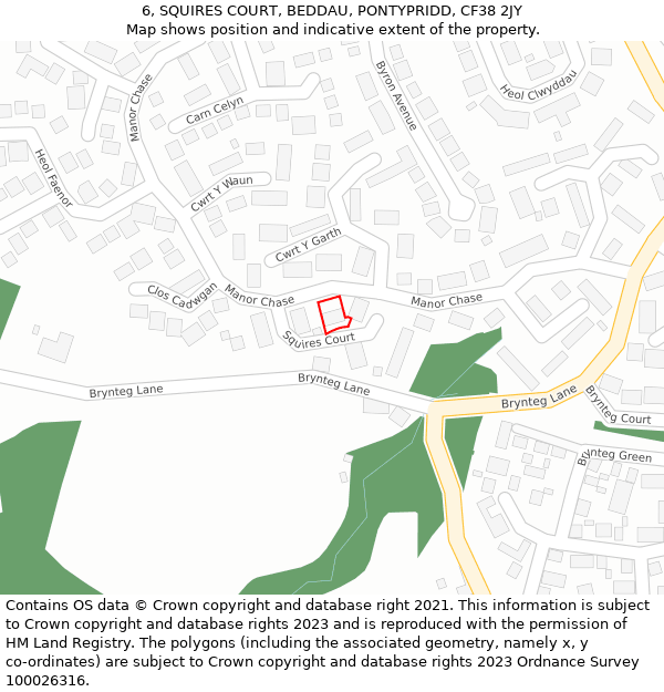 6, SQUIRES COURT, BEDDAU, PONTYPRIDD, CF38 2JY: Location map and indicative extent of plot