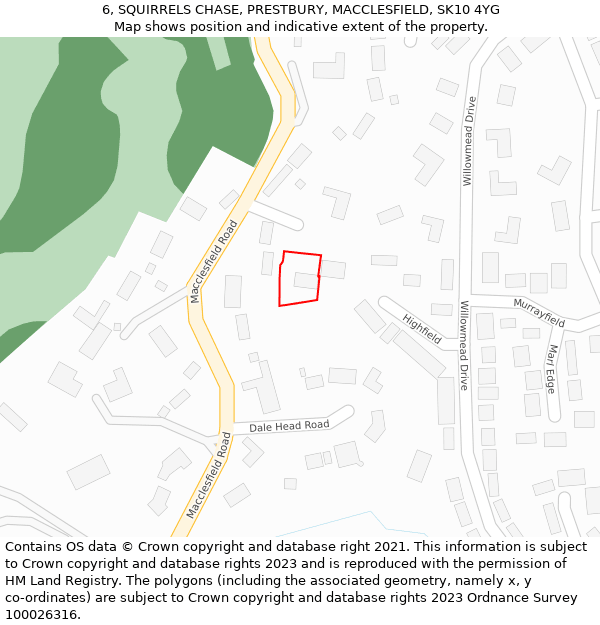 6, SQUIRRELS CHASE, PRESTBURY, MACCLESFIELD, SK10 4YG: Location map and indicative extent of plot
