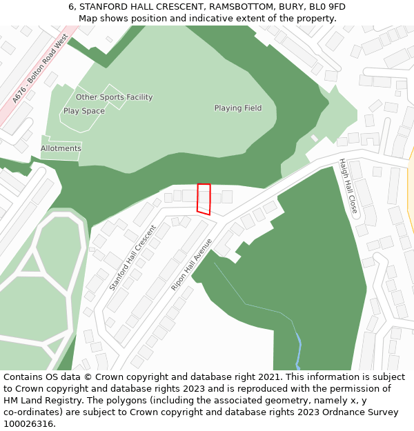 6, STANFORD HALL CRESCENT, RAMSBOTTOM, BURY, BL0 9FD: Location map and indicative extent of plot