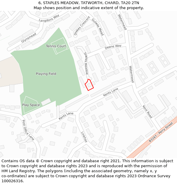 6, STAPLES MEADOW, TATWORTH, CHARD, TA20 2TN: Location map and indicative extent of plot