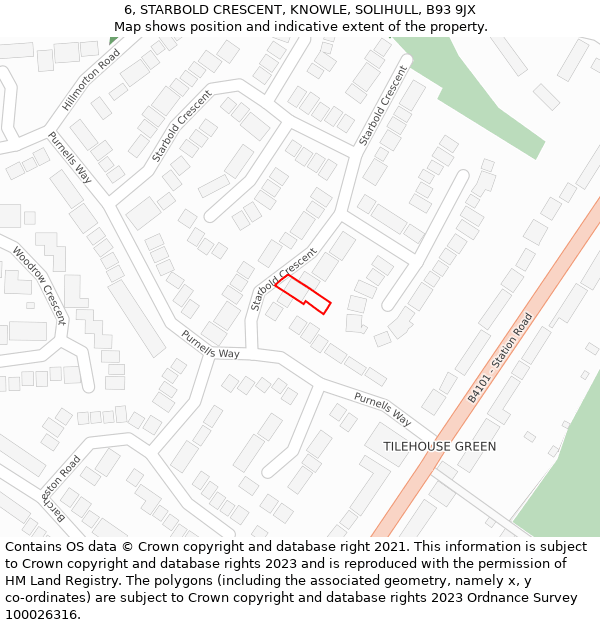 6, STARBOLD CRESCENT, KNOWLE, SOLIHULL, B93 9JX: Location map and indicative extent of plot