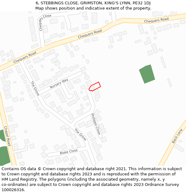 6, STEBBINGS CLOSE, GRIMSTON, KING'S LYNN, PE32 1DJ: Location map and indicative extent of plot