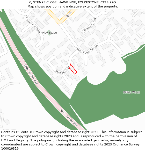 6, STEMPE CLOSE, HAWKINGE, FOLKESTONE, CT18 7PQ: Location map and indicative extent of plot