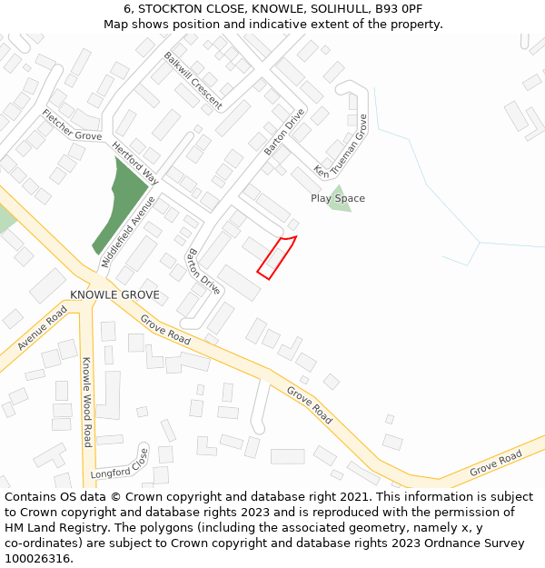 6, STOCKTON CLOSE, KNOWLE, SOLIHULL, B93 0PF: Location map and indicative extent of plot