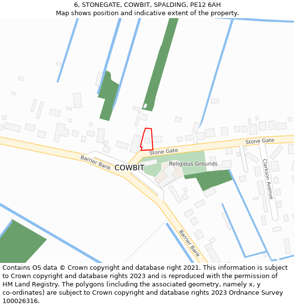 6, STONEGATE, COWBIT, SPALDING, PE12 6AH: Location map and indicative extent of plot