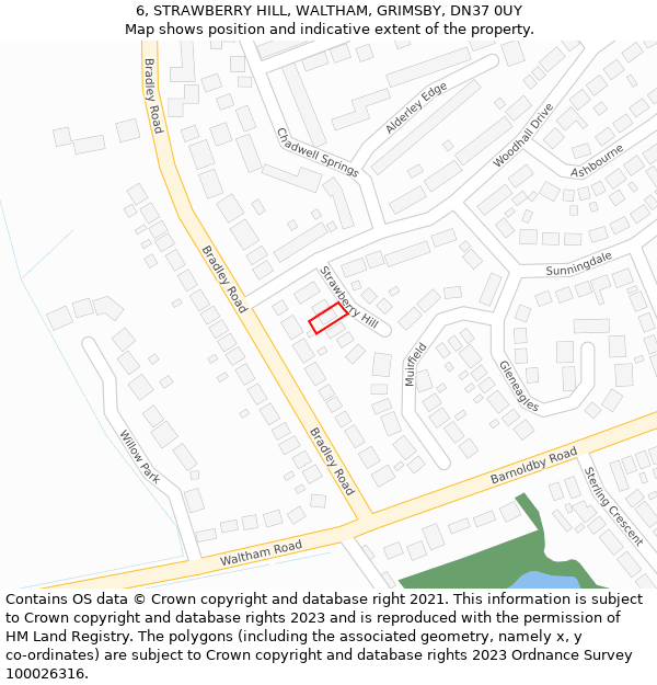 6, STRAWBERRY HILL, WALTHAM, GRIMSBY, DN37 0UY: Location map and indicative extent of plot