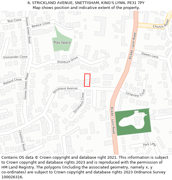 6, STRICKLAND AVENUE, SNETTISHAM, KING'S LYNN, PE31 7PY: Location map and indicative extent of plot