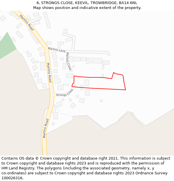 6, STRONGS CLOSE, KEEVIL, TROWBRIDGE, BA14 6NL: Location map and indicative extent of plot