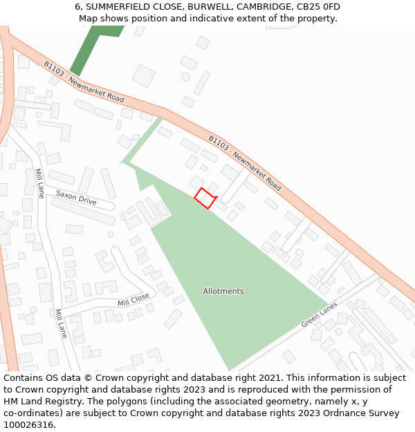 6, SUMMERFIELD CLOSE, BURWELL, CAMBRIDGE, CB25 0FD: Location map and indicative extent of plot