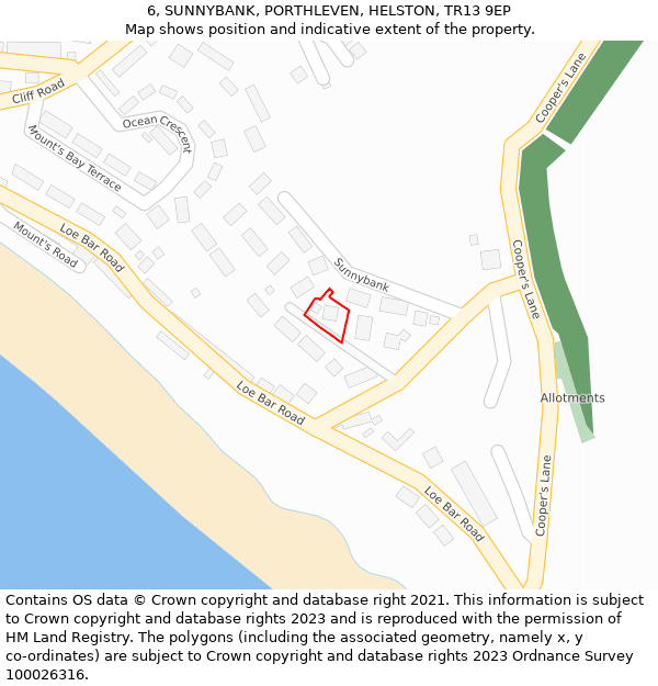 6, SUNNYBANK, PORTHLEVEN, HELSTON, TR13 9EP: Location map and indicative extent of plot