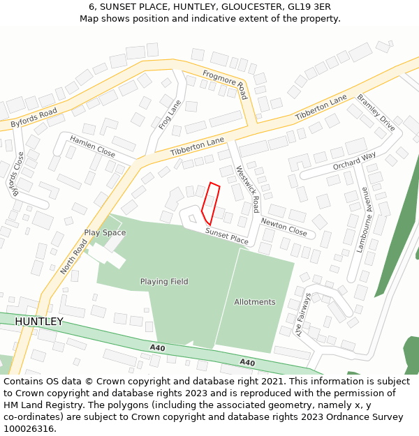 6, SUNSET PLACE, HUNTLEY, GLOUCESTER, GL19 3ER: Location map and indicative extent of plot