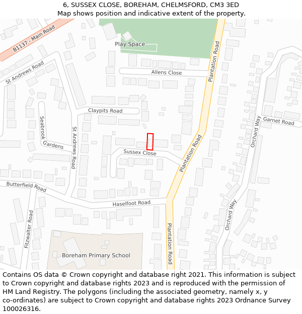 6, SUSSEX CLOSE, BOREHAM, CHELMSFORD, CM3 3ED: Location map and indicative extent of plot