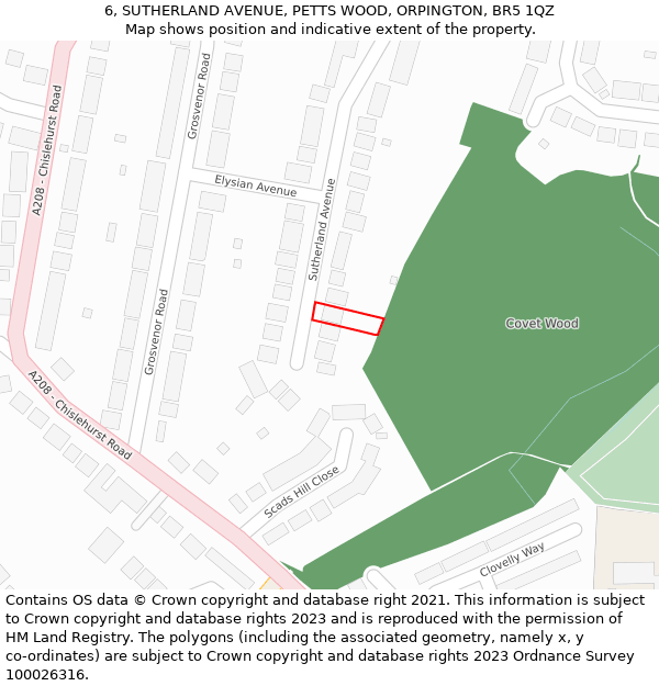 6, SUTHERLAND AVENUE, PETTS WOOD, ORPINGTON, BR5 1QZ: Location map and indicative extent of plot